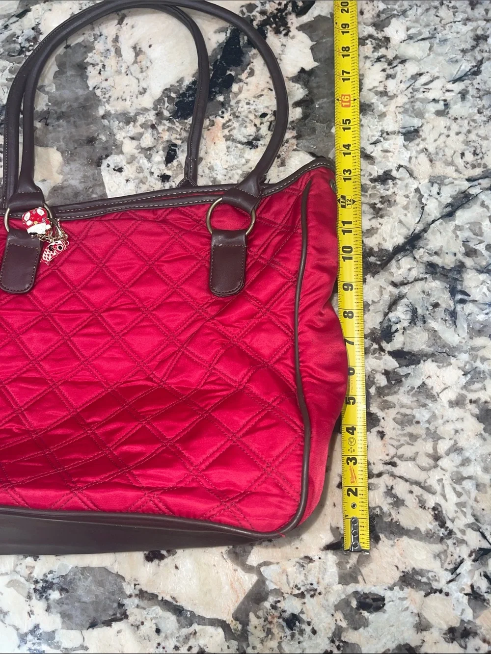 Source Unknown Red Quilted Tote with Brown Trim and Charm